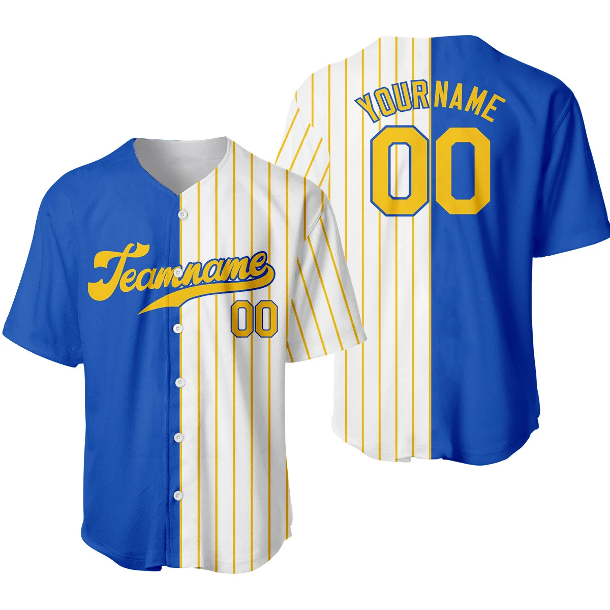 Custom Thunder Blue White-Yellow Pinstripe Split Fashion Baseball Jersey - Aunna